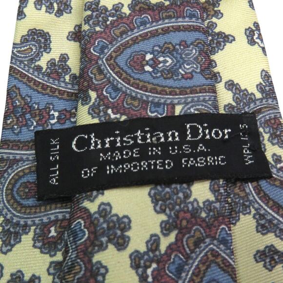 Vintage Christian Dior Neck Tie Yellow & Blue Retro Paisley Silk Tie Designer - Picture 6 of 6
